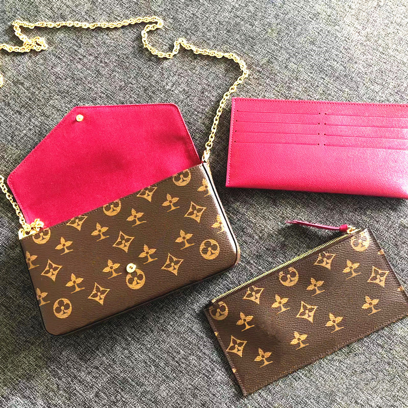 

3PCS M61276 POCHETTE FELICIE shoulder bag luxury designer three-piece set tote clutch flap womens men hot handbag with wallets gold chain real leather Crossbody bags, Embossing pink