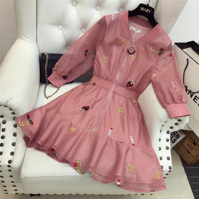 

Casual Dresses 2022 Women Summer Zipper Dress Fashion V Collar With High Waist Embroidery Lotus Leaf Mesh, Black