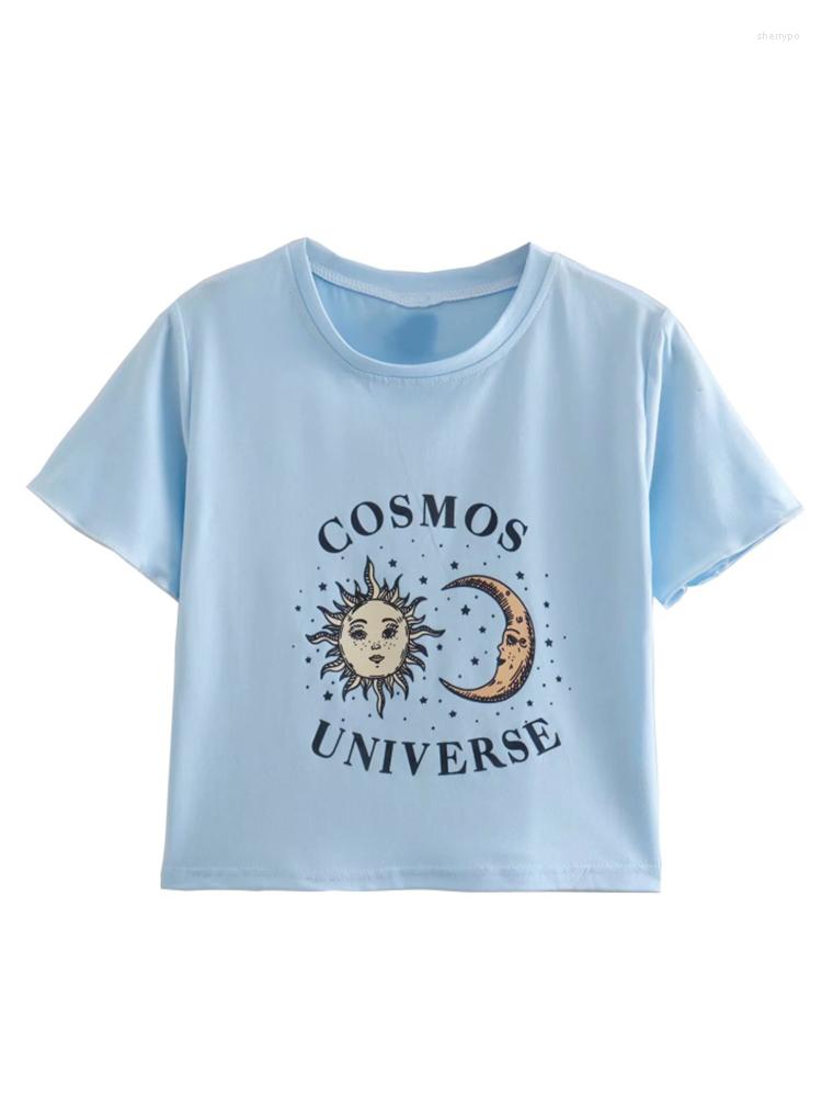 

Women's T Shirts UNUTH Casual Girls Blue O Neck Letter Print Tees 2022 Summer Fashion Ladies Women Knitted Short Sleeves Top