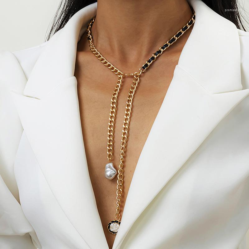 

Choker Gold Color Black Goth Leather Simulated Pearl Necklaces Women Fashion Long TieTassel Boho Jewelry