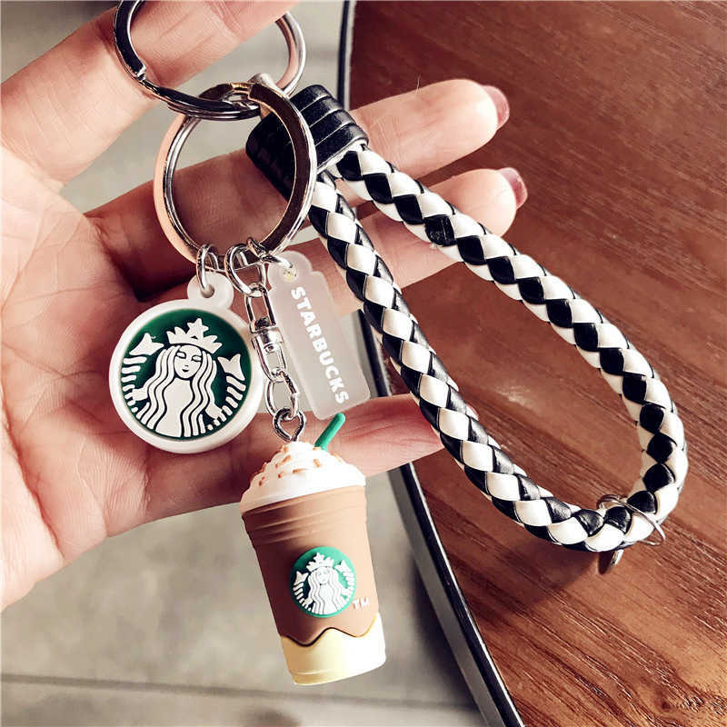 

Keychains Korean creative cute cartoon lovers simulation 1 gram coffee cup star dad woven rope bell car key chain pendant resin rubber silicone
