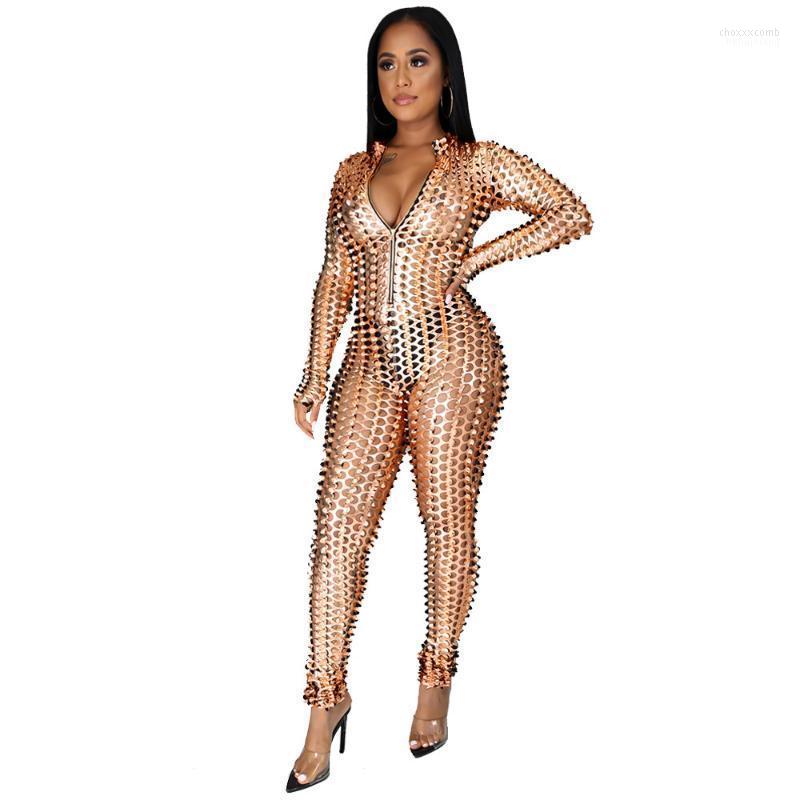 

Women's Jumpsuits Women's & Rompers Adogirl Sexy Club Party One Piece Romper Women Solid Hollow Out Skinny Jumpsuit Full Sleeve Zipper, Gold