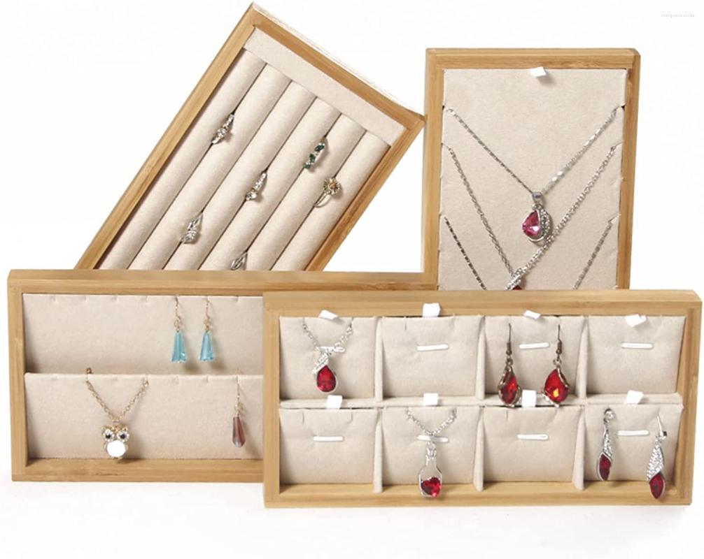 

Jewelry Pouches Storage Tray Bamboo Organizer Showcase Ring Earrings Display Holder