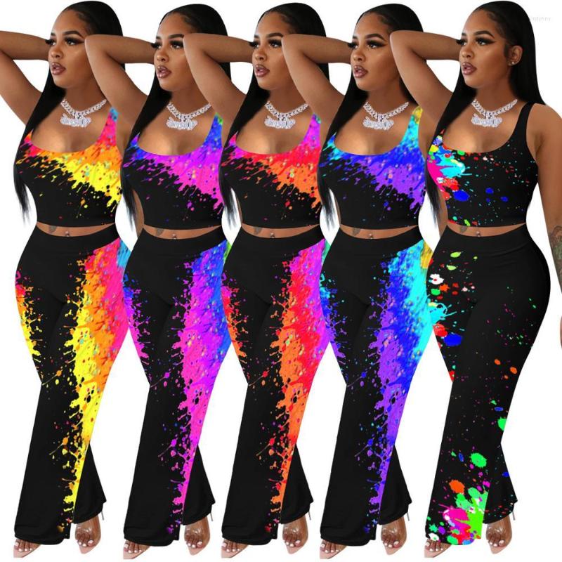 

Women' Two Piece Pants Sexy Graffiti Print Women Set Backless Tank Tops Long Flare Trousers Jogger Suit Outfit Street Party 2 Tracksuit, Yellow
