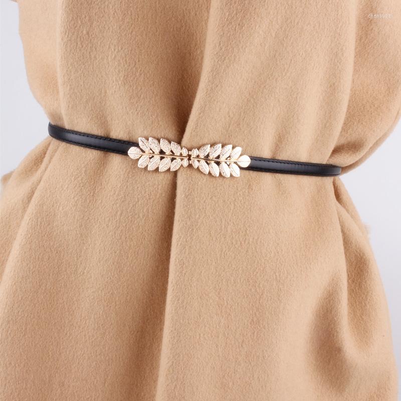 

Belts Fashion Genuine Leather Belt Women Adjust Thin Alloy Buckle Gold Metal Leaves Waist Strap Dress Coat Decorate Waistbands, Black