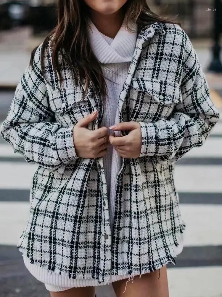 

Women' Blouses GypsyLady Plaid Tweed Shirt Blouse Vintage Autumn Chic Long Sleeve Women Shirts Pocket Casual Loose Ladies Tops, White