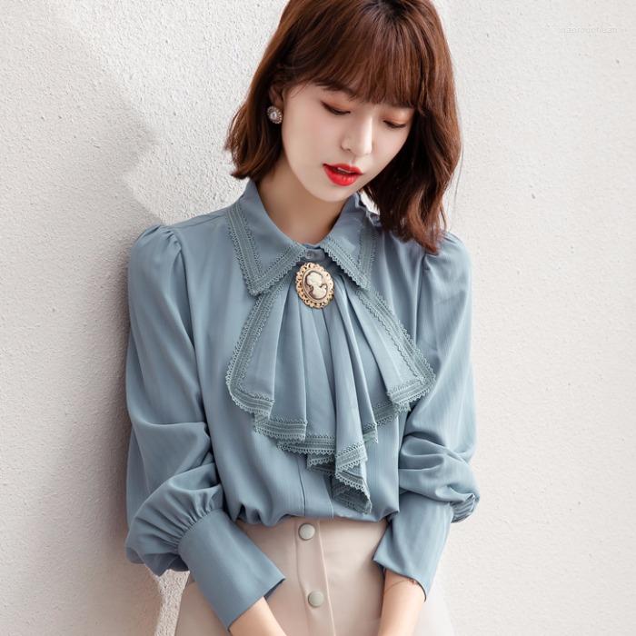

Women' Blouses Vintage Women Ruffles Shirts Long Sleeve Buttoned Shirt Top, Blue