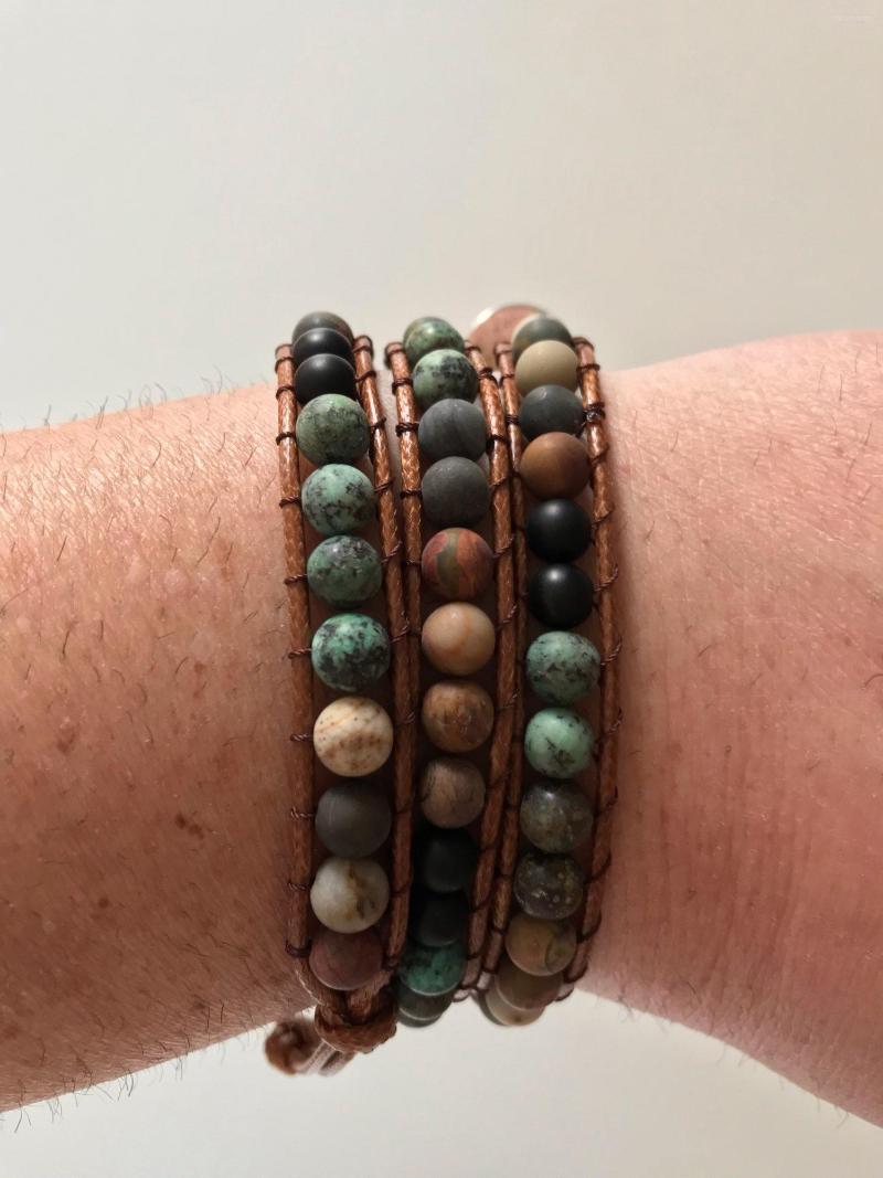 

Strand Unisex 3X Leather Cord Wrapped Bracelet For Man Natural Stone Mix Handmade Woven Multi Layer Beaded Male Female Jewelry