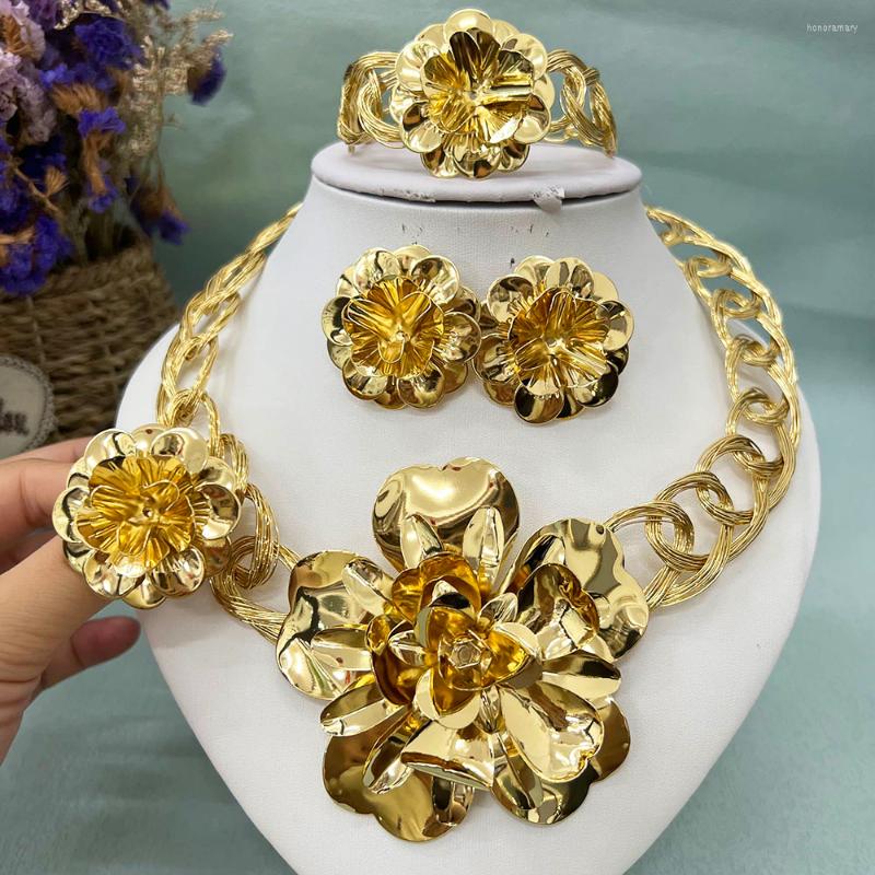 

Necklace Earrings Set Dubai Big Jewelry Design For Women Turkish Bride Brazili Gold Plated Collor Drop Bracelet Ring Party, Picture shown