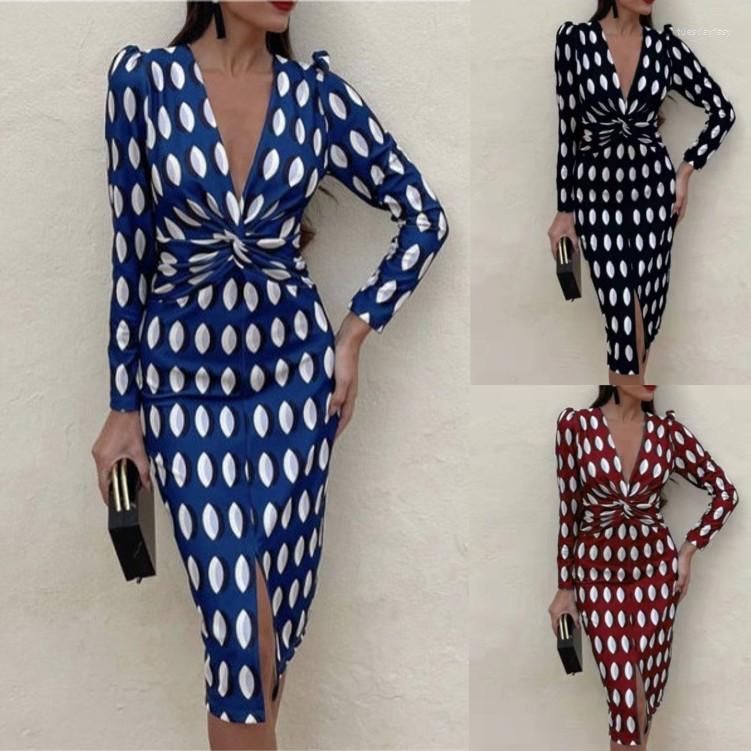

Casual Dresses Autumn And Winter 2022 European American Slim Fit Sexy Deep V-neck Print Medium Length Long Sleeve Dress, Black