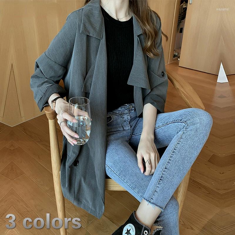 

Women' Trench Coats Women Korean Style Trendy Elegant Simple Double Breasted Office Lady Long Windbreaker Chic Leisure Feminino Overcoat, Black