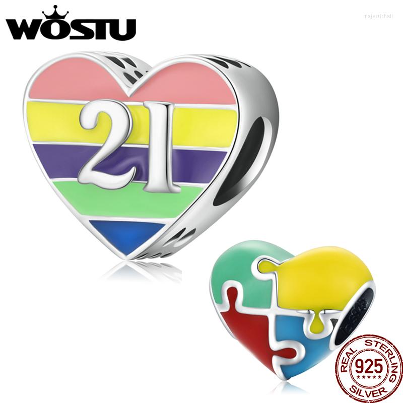 

Beads WOSTU 925 Sterling Silver Rainbow Heart Love Jigsaw Charm Fit For DIY Necklace Bracelet Jewelry Gift FNC547