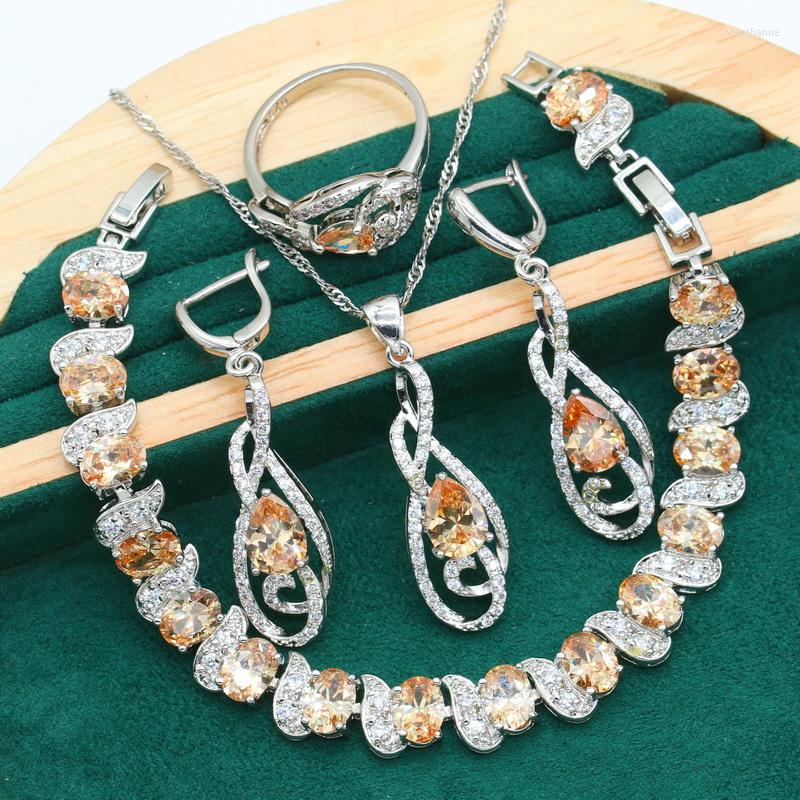 

Necklace Earrings Set Silver Color Jewelry For Women Wedding Unique Champagne Zircon Bracelet Pierced Ring Christmas Gift Dubai, Picture shown