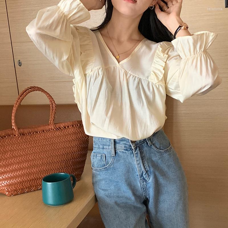 

Women's Blouses 2022 Autumn Korean Style Foreign V-neck Sweet Long-sleeved Shirt With Wood Ears Thin Blouse, Beige