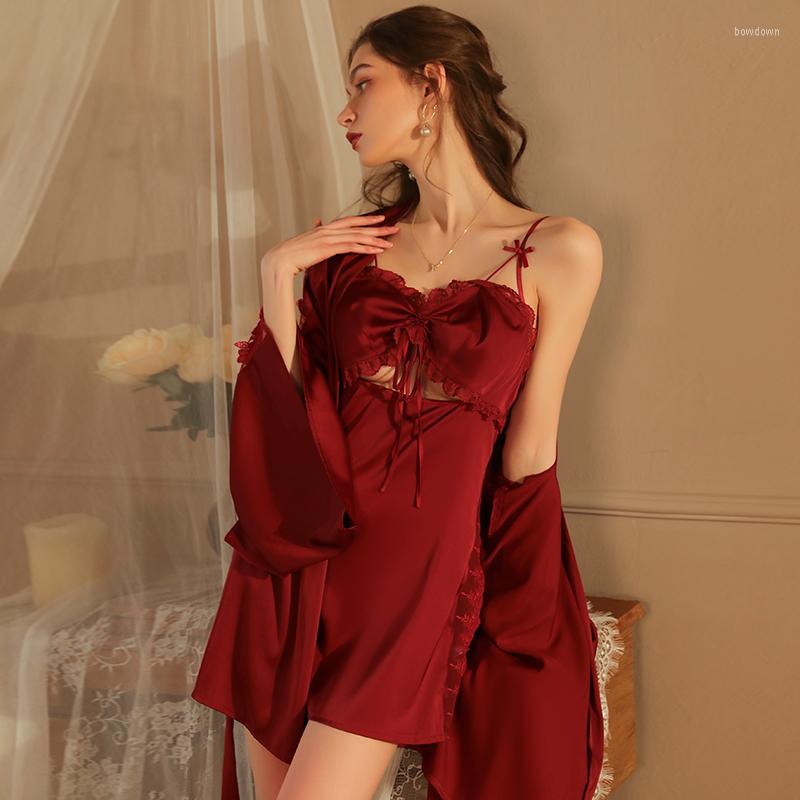 

Women's Sleepwear MECHCITIZ Women 2 PCS Robe Set Bride Bridesmaid Wedding Gown Lace Sexy Kimono Bathrobe Night Dress Nightgown, Black