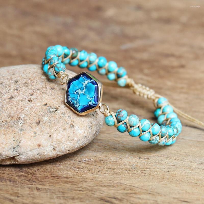 

Charm Bracelets Handmade Blue Imperial Japser String Braided Strand Friendship Boho Wrap Bracelet Women Men Jewelry Wholesale