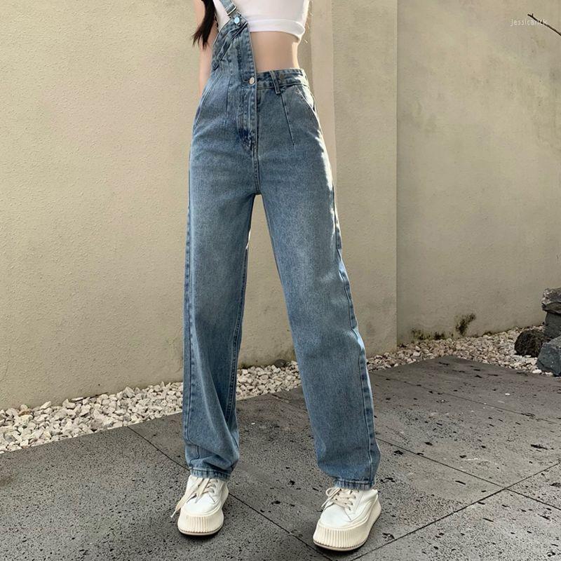 

Women' Jeans Lucyever 2022 One-shoulder Overalls Women Korean Style High Waist Jean Pants Female Blue Loose Casual Straight Trouser