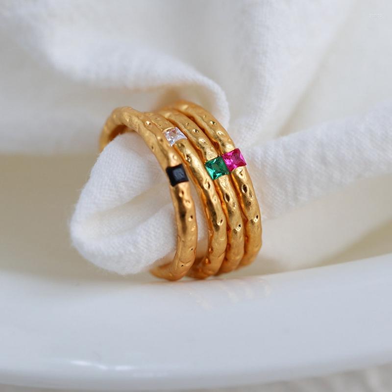 

Cluster Rings Amaiyllis 18K Gold Multi-layered Hammered Ring Fashion Retro Rainbow Zircon Silver Index Finger For Friendship Jewelry