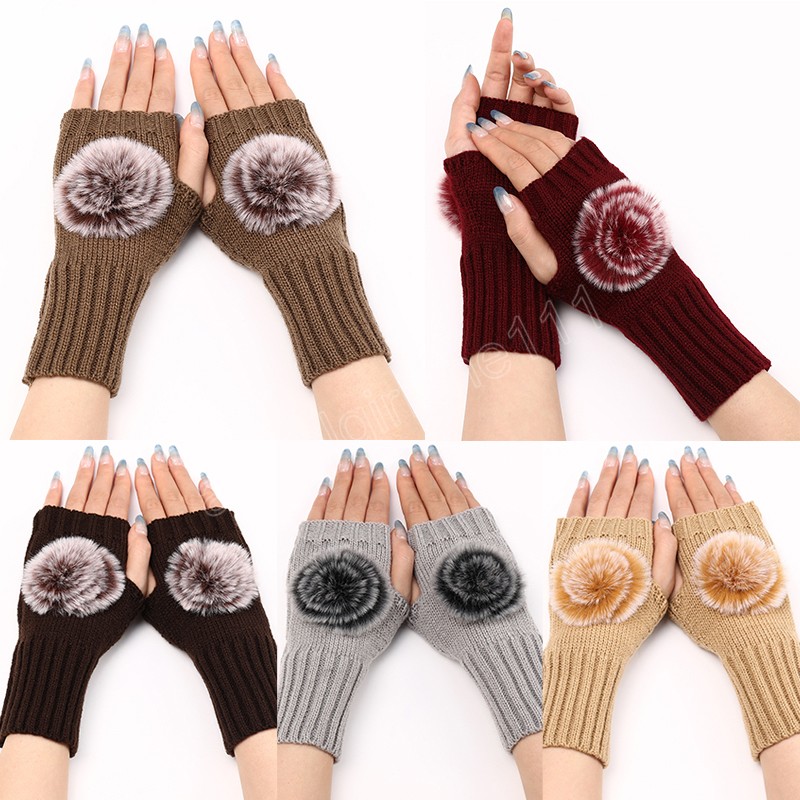 

Autumn Winter Women's Short Fashion Fur Black Gloves Knitted Wool Sleeves Hairball Warm Soft Fingerless Gloves