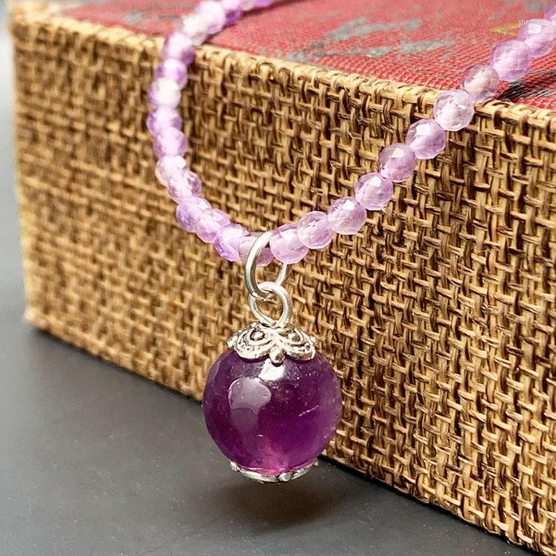 

Choker 46 CM Faceted Natural Amethysts 2 MM Beads Charm Pendant Cute Necklace For Women Purple Color Girl Good Quality