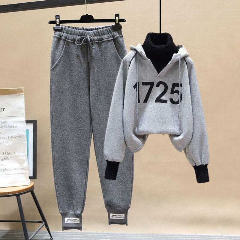 

Women's Two Piece Pants Autumn And Winter Long-sleeved Korean Hooded Fake Two-piece High-neck Sweater High-waist Leisure Fashion Suit Women, Gold