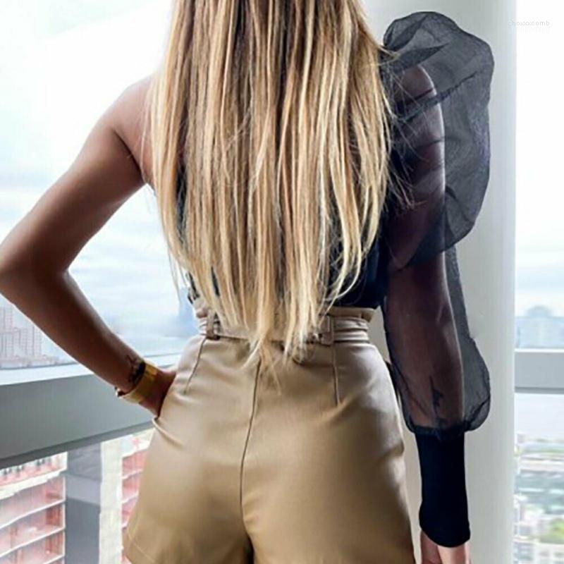 

Women' Jumpsuits Women' & Rompers Fashion Women Mesh Sheer Puff Sleeve Top One Shoulder Blouse Slim Club Party Solid Shirt, Black
