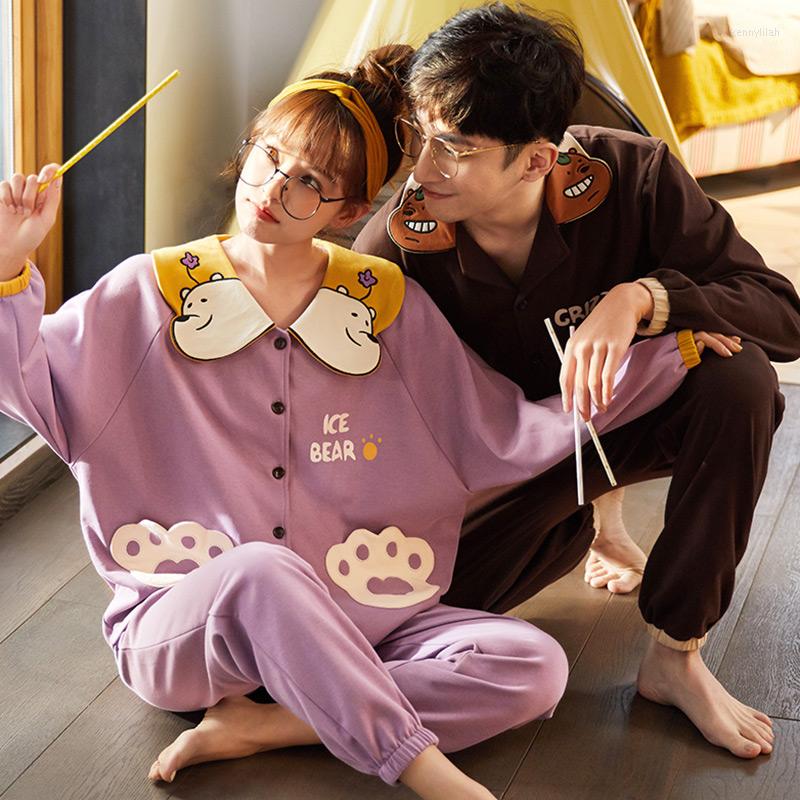 

Men's Sleepwear Lovers Pajamas Cotton Full Sleeve Female Thin Man Cute Cartoon Leisurewear Suit
