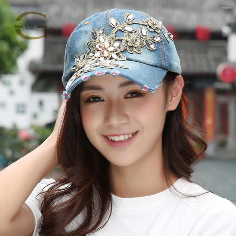 

Ball Caps WOMEN Customize FLOWER Rhinestone Bling Denim Baseball CapSnapback Hat, White