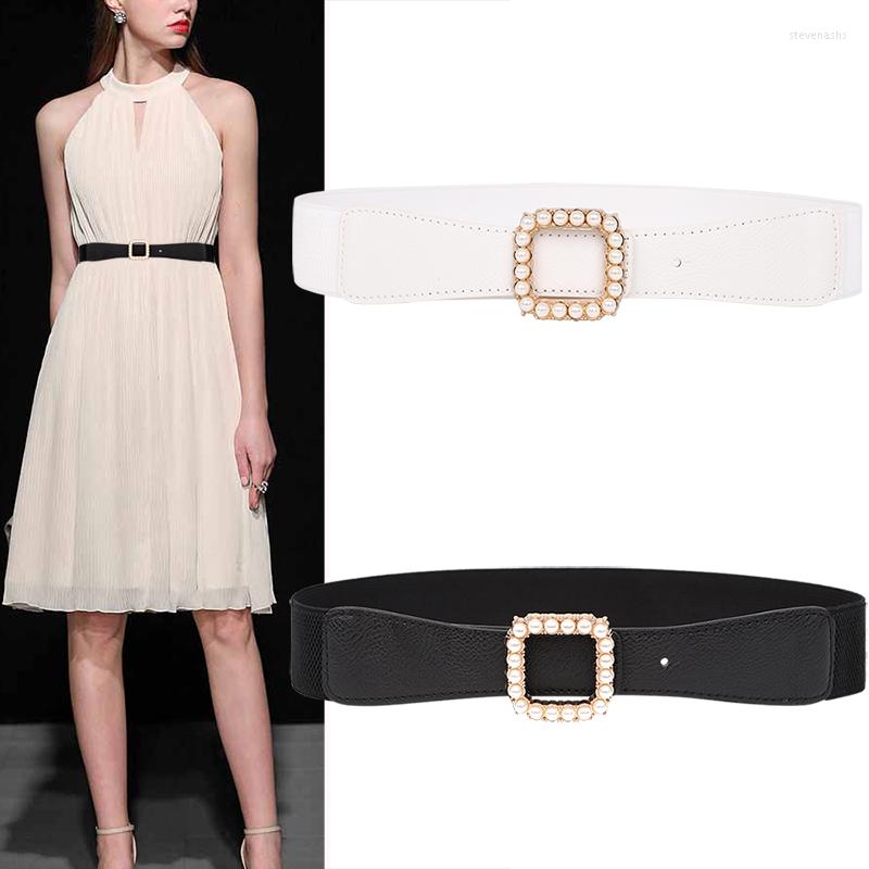 

Belts Est For Women Pearl Decoration Gold Square Buckle Waistbands Female PU Leather Belt White Waistband Pants Dresses