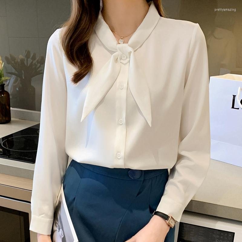 

Women' Blouses 2022 Autumn Women Tops And Blouse White Long Sleeve Satin Shirt Green For Elegant Clothing Chiffon Solid Button Up 1160