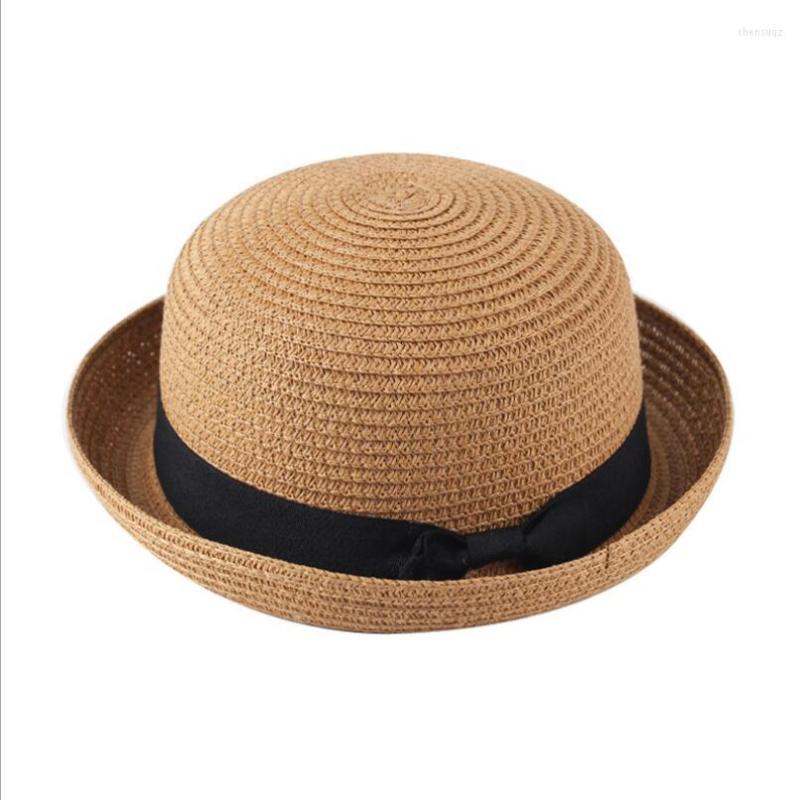 

Berets Summer Parent-child Beach Hat Female Casual Panama Lady Brand Women Flat Brim Bowknot Straw Cap Girls Sun 48-52-58cm, Pink