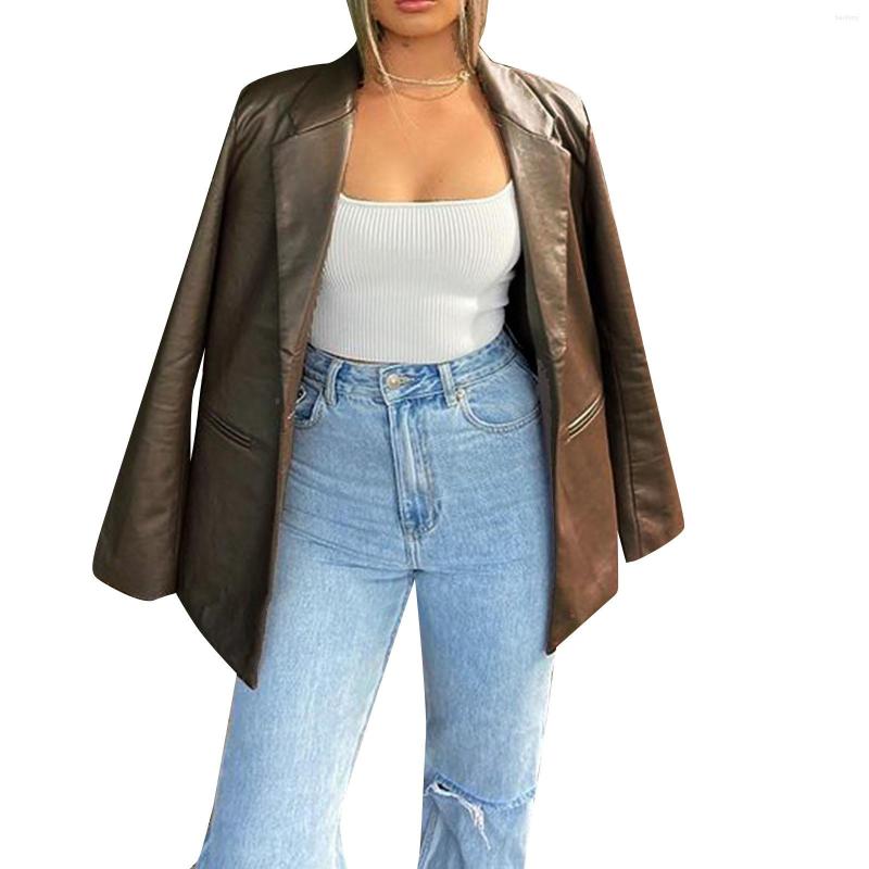 

Women' Leather Autumn Women Coat Long Sleeve Lapel Solid Color Casual Party Club Street Office Formal Cardigan