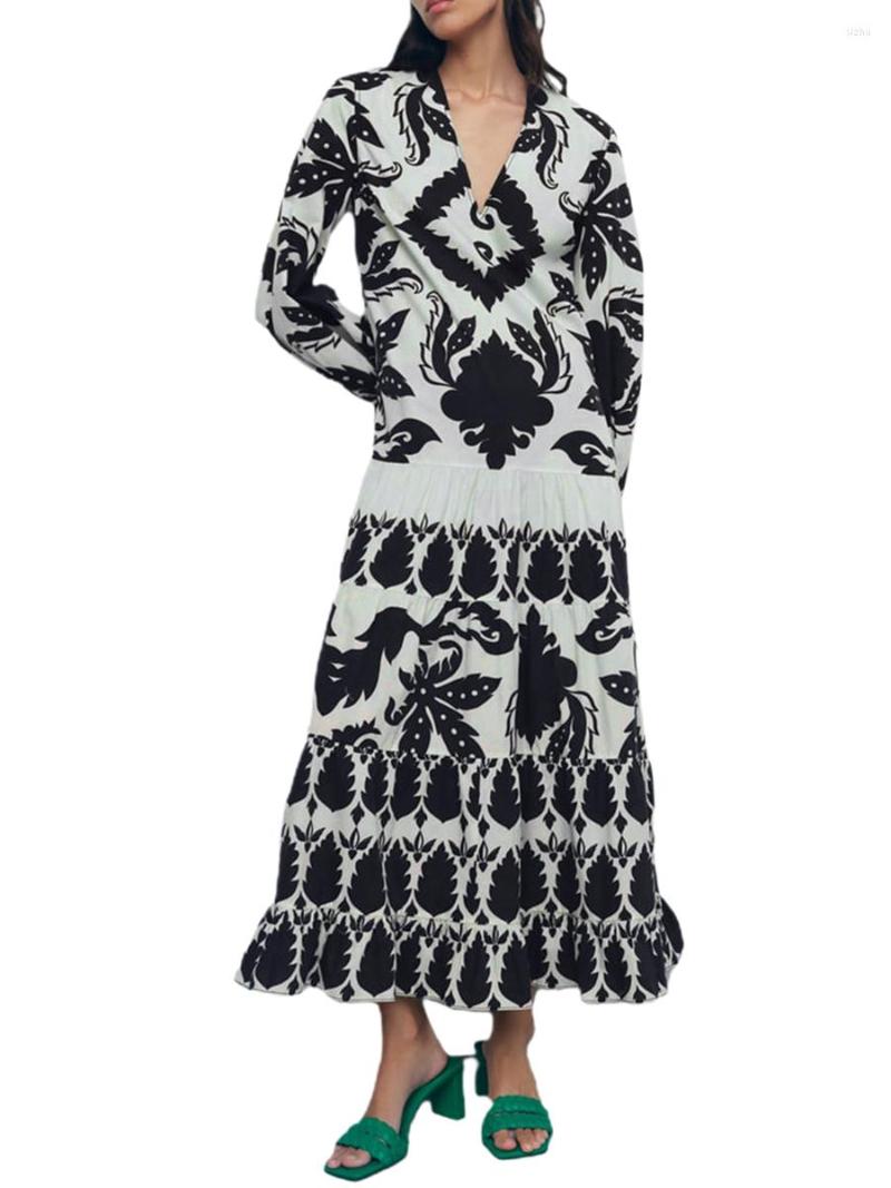 

Casual Dresses Women S Summer Long A-Line Dress Vintage Print Sleeve Deep V Neck Ankle Length With Belt, Black