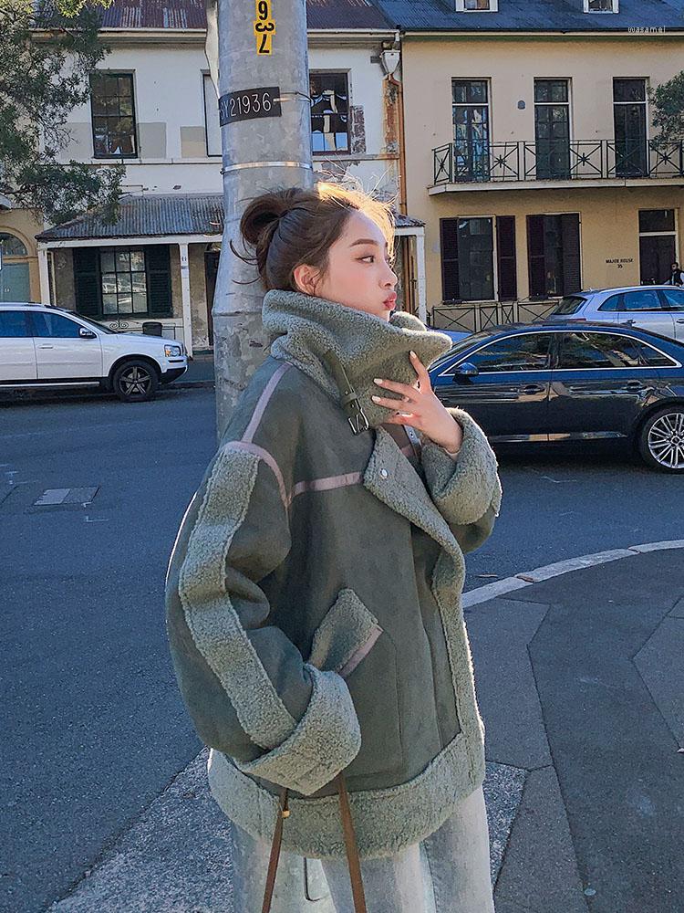 

Women' Fur Winter Women Fashion Thick Warm Patchwork Suede Lambswool Biker Jackets Chic Loose Faux Coat Outwear Female Overcoat K140, Light green