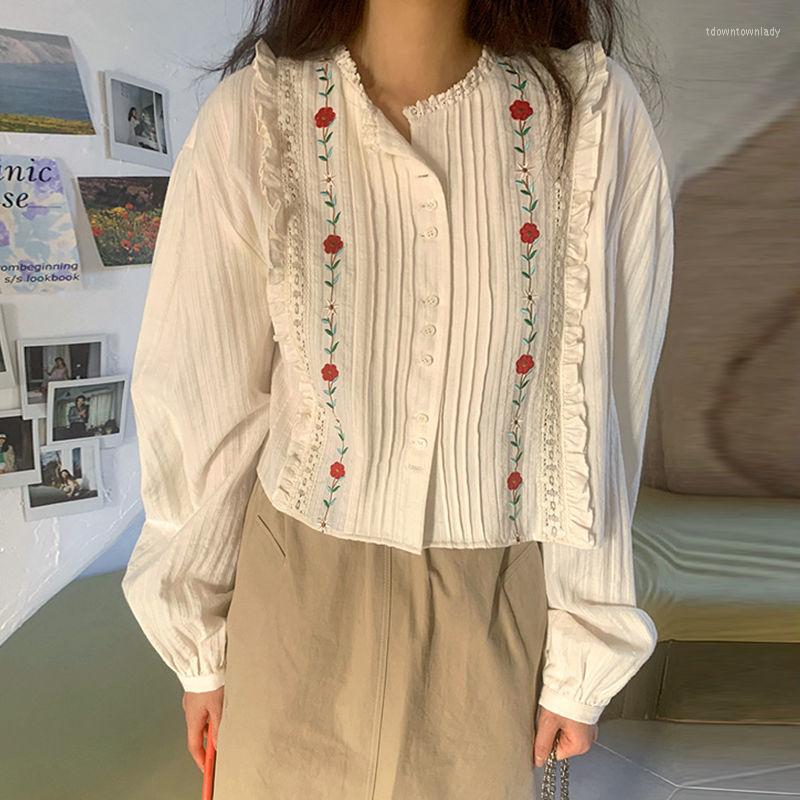

Women' Blouses Women Spring Autumn Korea Chic Sweet Round Neck Embroidery Fold Stitching Loose Long Bubble Sleeve Shirt Blouse Tops Mujer, Beige