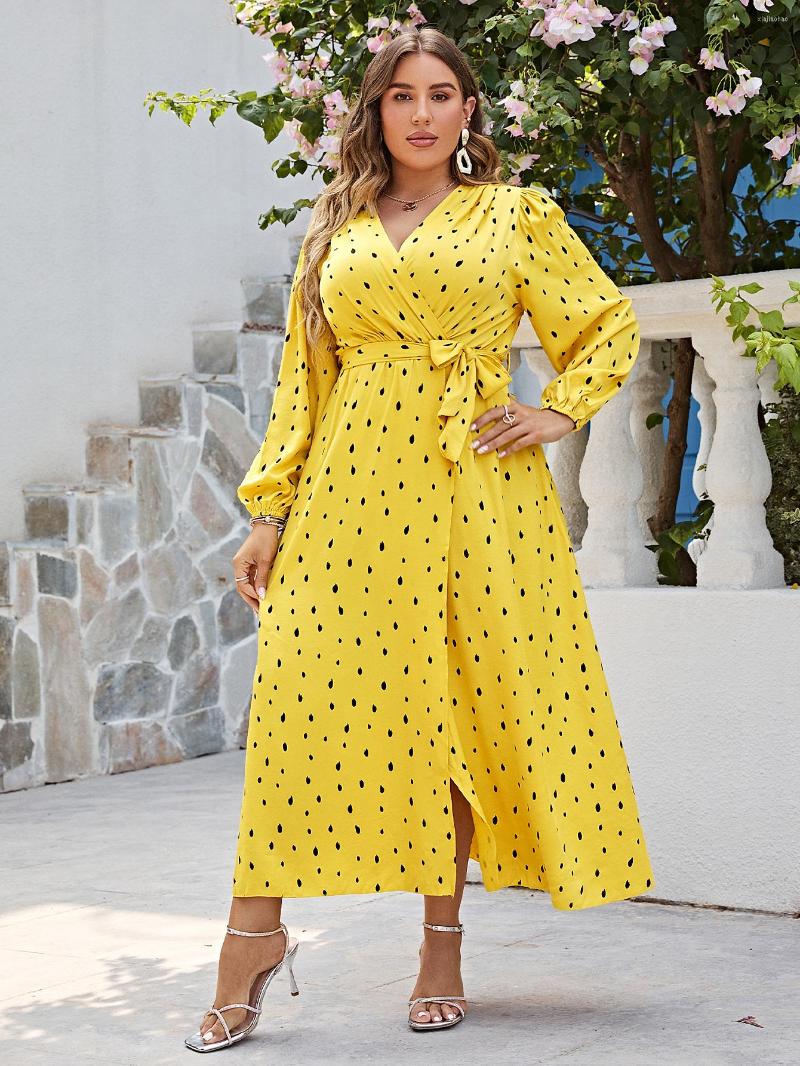 

Plus Size Dresses Simplee Belt Polka Dot Dress Women Elegant Lantern Sleeve V-neck Wrap Office Autumn Female Vestido 4XL, Yellow