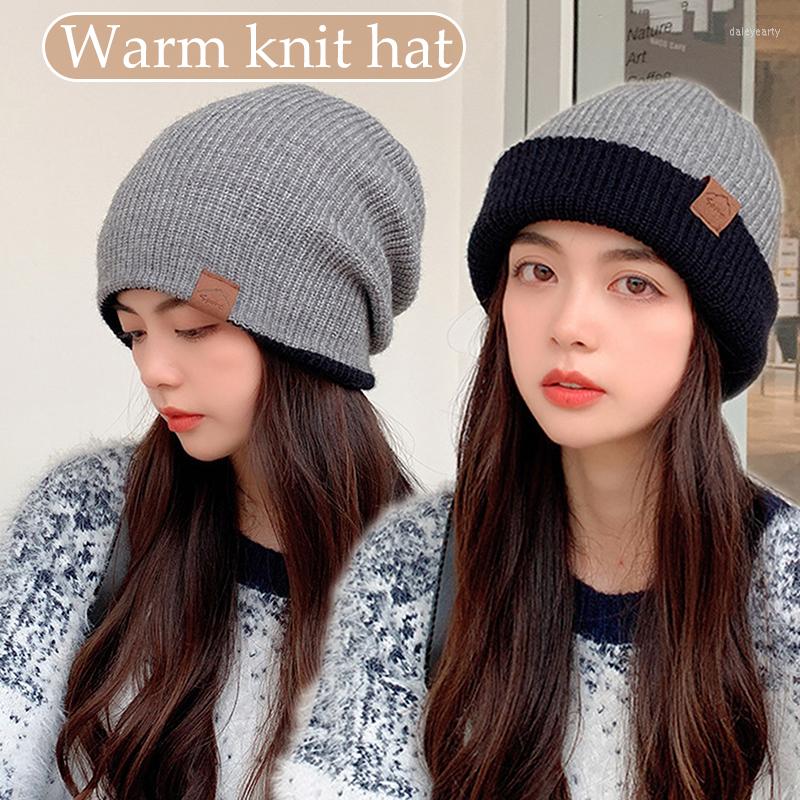 

Berets Knitted Hat Double Layer Thick Warm Contrast Color Wool Dome Patch Age Reducing For Women Men AIC88, Beige