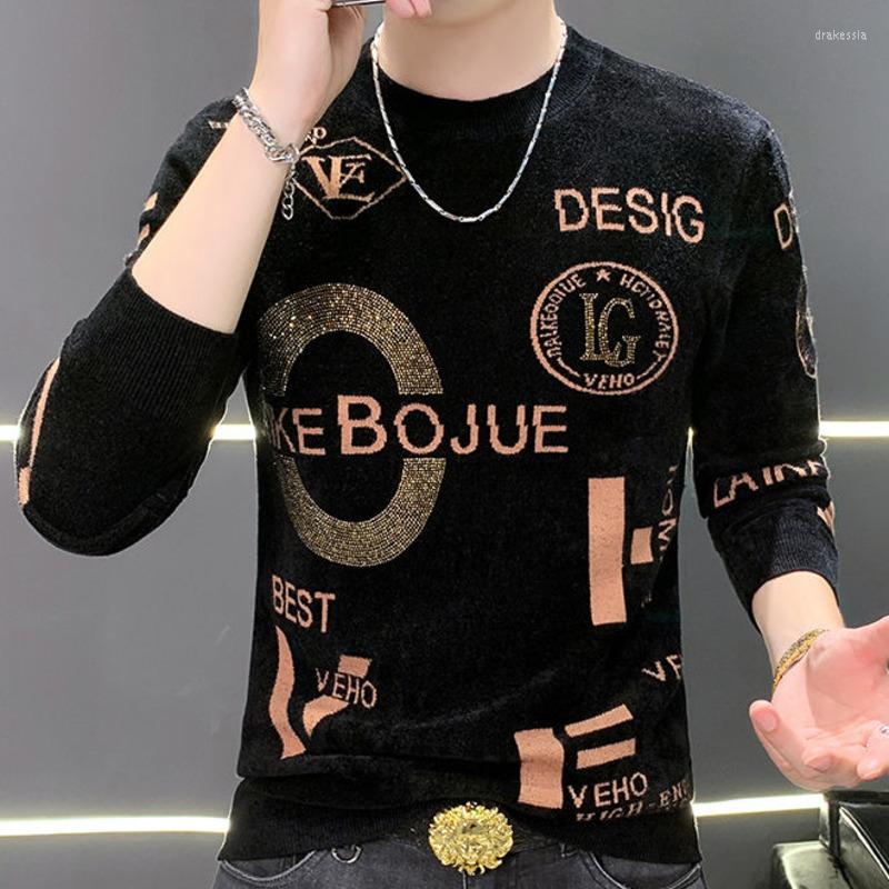 

Men's Sweaters Men O-Neck Rhinestone Sweater Drill Alphabet Pattern Elasticity Knit TShirt Homme Streetwear Casual Knitted Pullover, Black