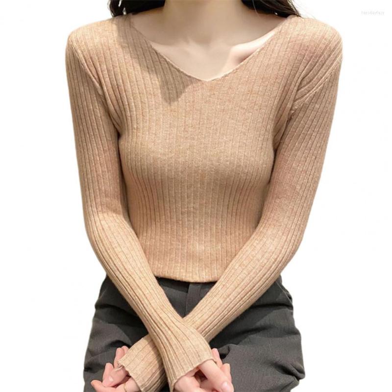 

Women's Sweaters Sweater Pullover Women Female Knitted V-neck Long Sleeve Stretchy Ribbed Candy Color Bottoming Shirt For Ladies, Grey