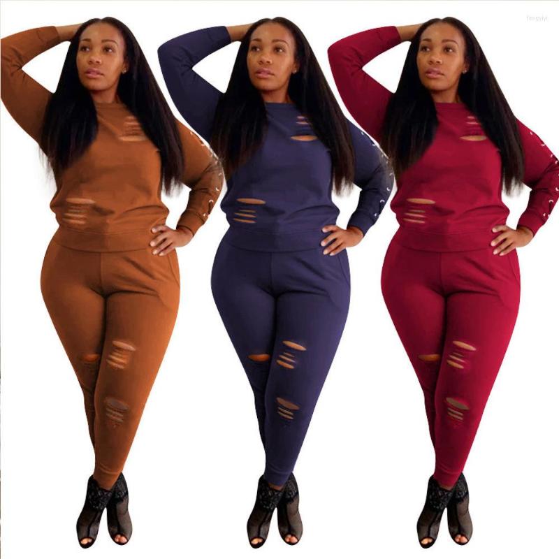 

Women' Two Piece Pants L6076 2022 Fall/winter Women' Casual Suit Solid Color Sports Hole Two-piece, Wine red