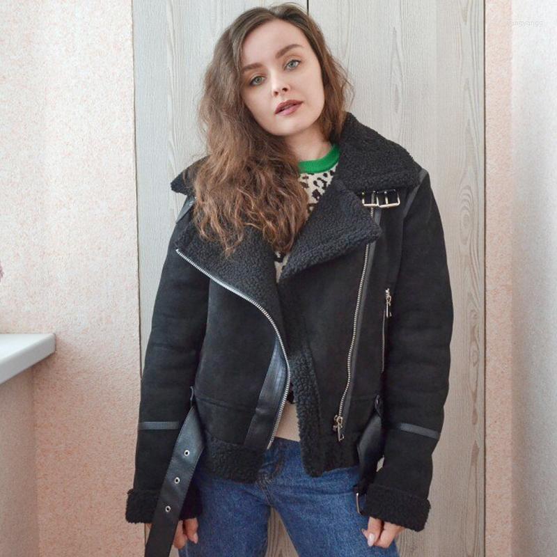 

Women's Leather Aoottii Winter Faux Shearling Sheepskin Fake Women Jackets Lady Thick Warm Suede Lambs Short Moto Biker Coats Outwear, Brown