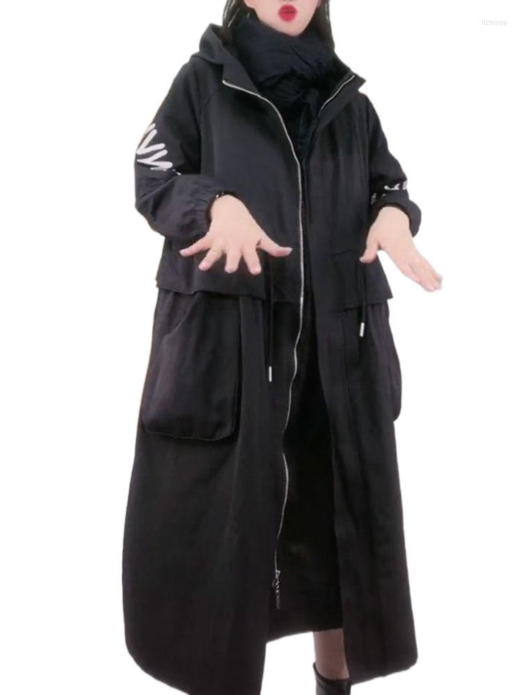 

Women's Trench Coats FairyNatural Fashion Long Clothing Ladies Loose Retro Print Hooded Windbreakers Women Casual Punk Spring Autumn, Black
