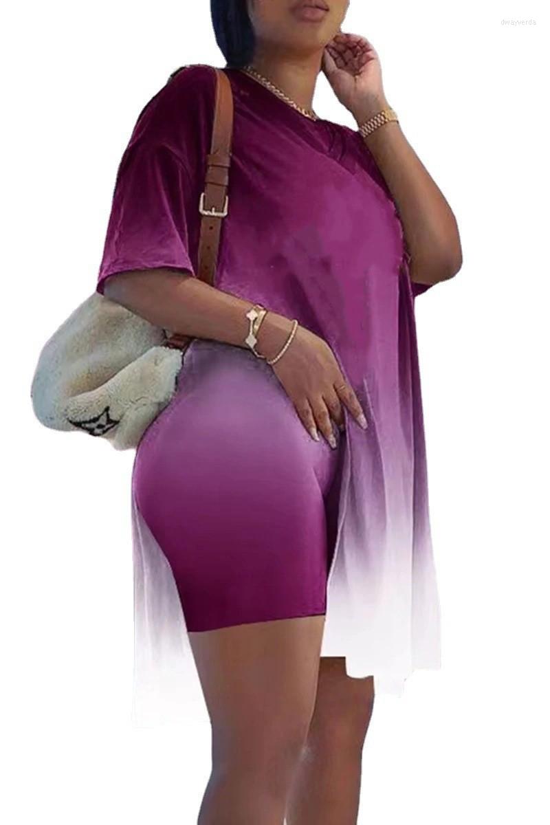

Tracksuits Summer Plus Size Two Piece Solid Color Gradient Print V-Neck Women's Suit Short Sleeve Split Sports Clothing Wholesale, Black