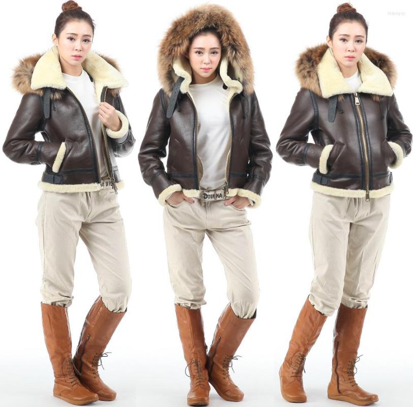 Women&#039;s Leather B3 Shearling Hat Bomber Fur Military Pilot World II Flying Aviation Air Jacket Environmental Protection Of WoMen-image-811767660