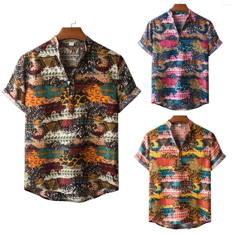 

Men's Casual Shirts 2022 Summer Men's Shirt Ethnic Style Printing Short Sleeve Loose Buttons Hawaiian Blouse Hombre Stand Collar Vintage, Red