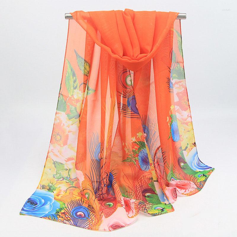 

Scarves 2022 Peacock Feather Georgette Chiffon Scarf Silk Square Hijab Cool Shawl Ladies Foulard Femme Hair Bufanda Mujer