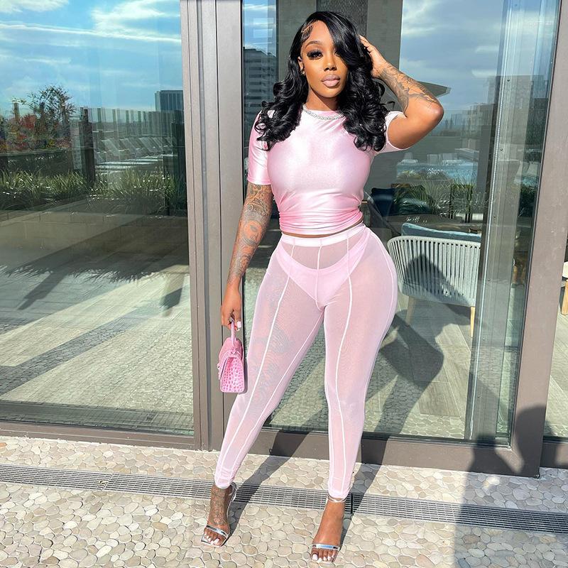 

Women' Two Piece Pants LFRVZ Women' Clothing Spring Solid Color Round Neck T-shirt Tight Casual Hip-Lifting Mesh Trousers Suit, Pink