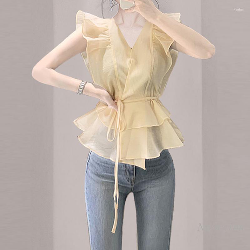 

Women' Blouses Elegant Chiffon Blouse Womans 2022 Summer Female Clothing Ruffled V-neck Casual All-Match Top Lady Outfits Sleeveless Blusas, Blue
