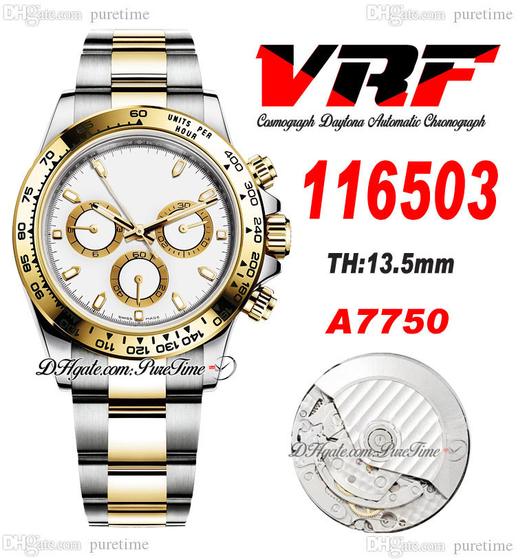 

VRF 11650 A7750 Automatic Chronograph Mens Watch Two Tone Yellow Gold White Stick Dial Stainless Steel Bracelet Super Edition Same Series Card Puretime N14, Customized warranty card