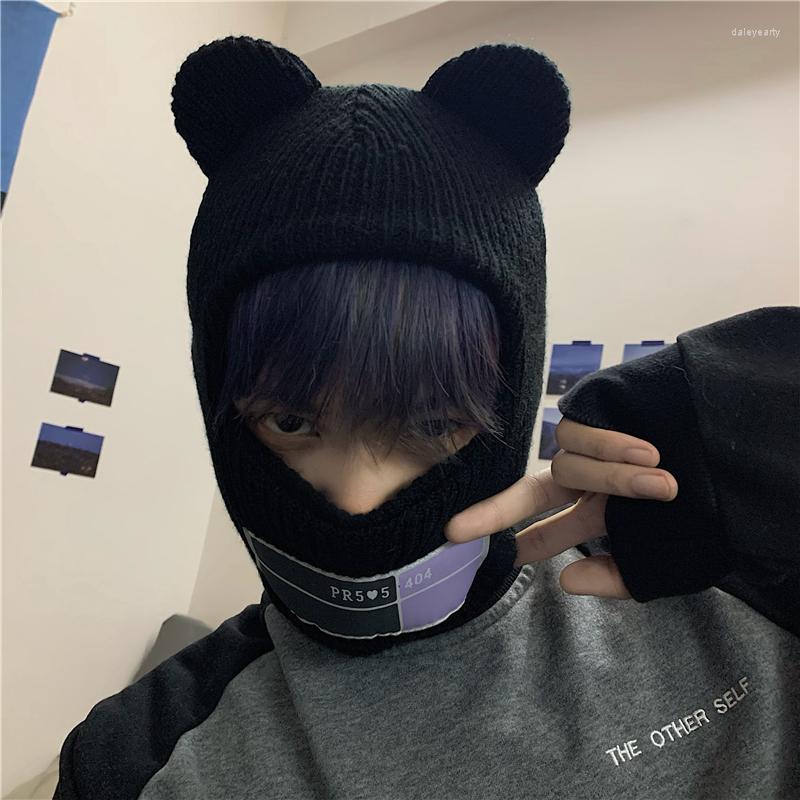 

Berets Y2K Balaclava Scarf Cap Bear Ear Beanie Winter Warm Men Women Wool Knitted Hat Unisex Hooded Neck Collar Ski Head Cover Gorra